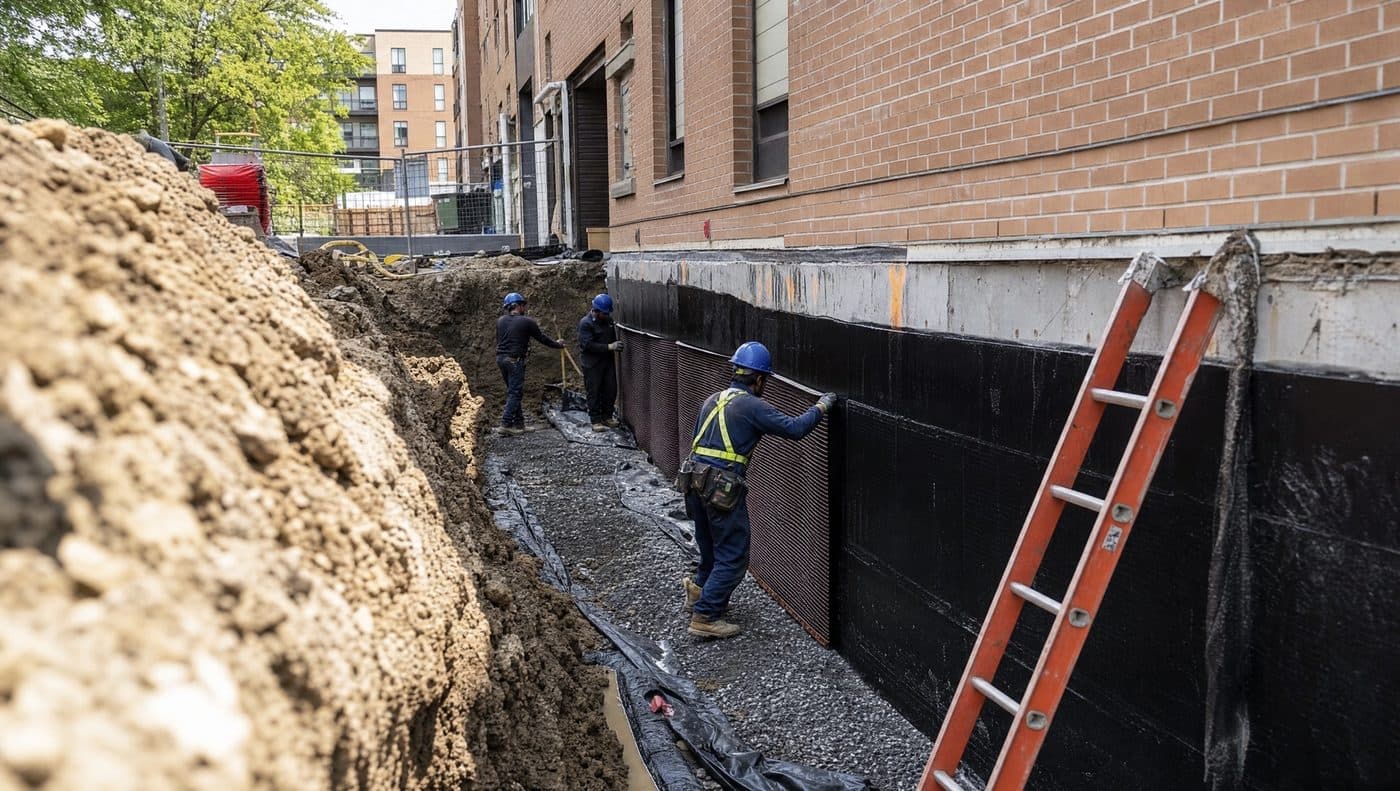 Exterior foundation waterproofing membrane and drainage board on a GTA commercial building